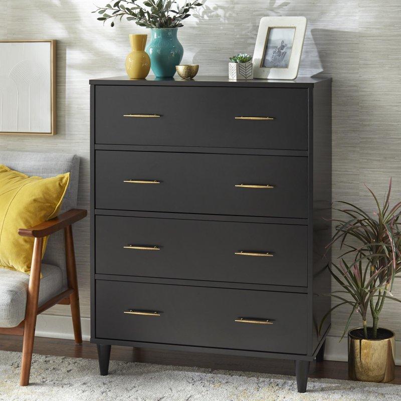 Meşe Rengi MDF ve Masif Kauçuk Ağacı 4 Çekmeceli Yüzyıl Ortası Modern Şifonyer - 86x46x114 cm - 303038