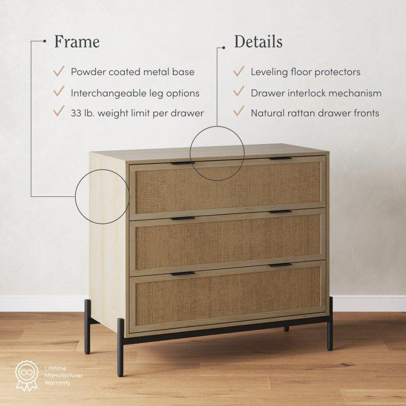 Meşe Rengi Rattan 3 Çekmeceli Metal Ayaklı Şifonyer - 296883