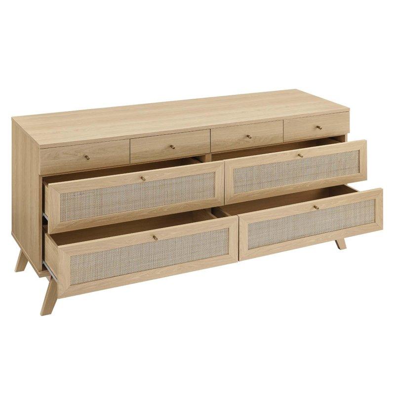 Meşe Rengi Rattan Detaylı 8 Çekmeceli MDF Şifonyer - 158x47x77 cm - 295886