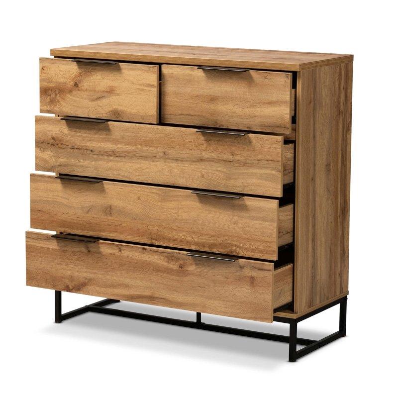Meşe Rengi ve Siyah Metal Ayaklı 5 Çekmeceli MDF Şifonyer - 99x100x40 cm - 298835
