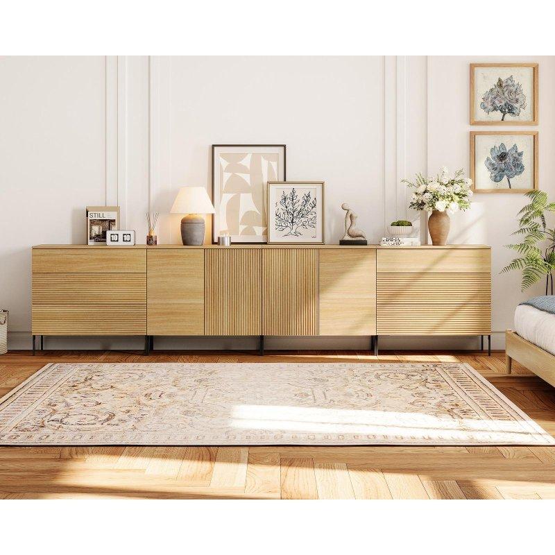 Meşe Rengi Yivli 6 Çekmeceli Metal Ayaklı Modern Şifonyer - 321 cm - 304460