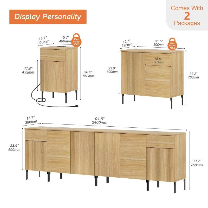 Meşe Rengi Yivli Tasarımlı Şarj İstasyonlu MDF Şifonyer - 241 cm - 299786