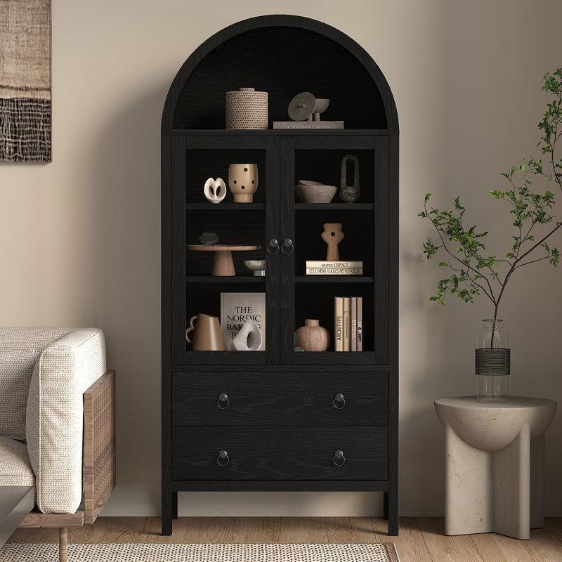 Meşe Rengi Yonga Levha Kemerli 2 Çekmeceli Ayarlanabilir Raflı Cam Kapaklı Kitaplık - 186x79x40 cm - 238395