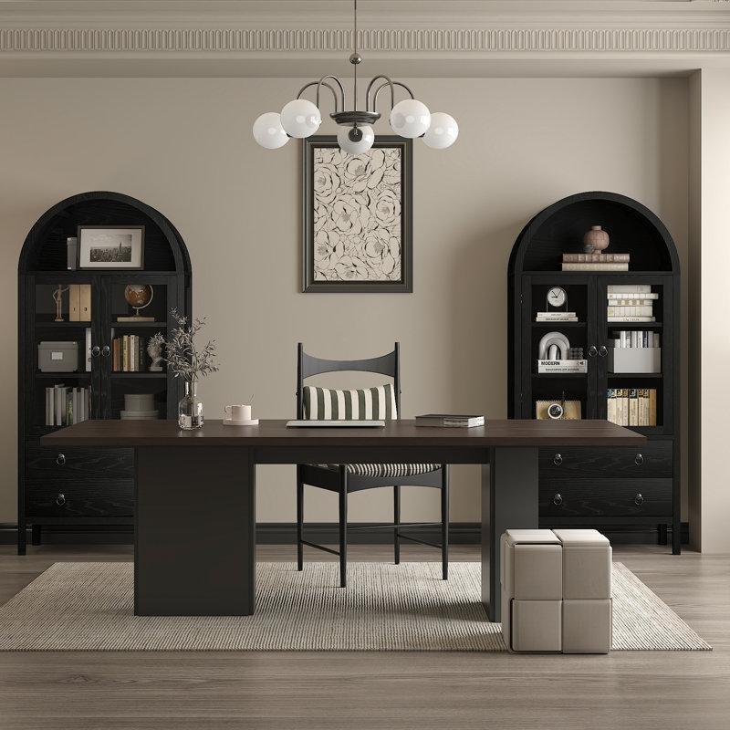Meşe Rengi Yonga Levha Kemerli 2 Çekmeceli Ayarlanabilir Raflı Cam Kapaklı Kitaplık - 186x79x40 cm - 238395