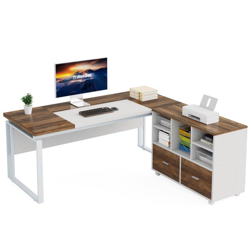 Meşe ve Beyaz Ahşap ve Metal L Tipi Tekerlekli Dosya Dolaplı Ofis Masası - 160 cm - 326909