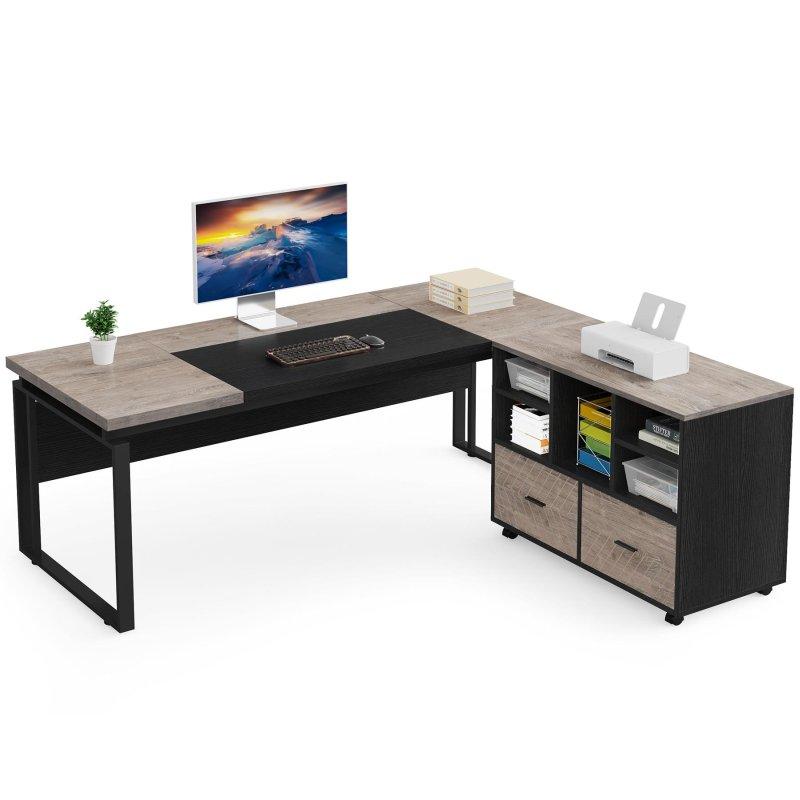Meşe ve Beyaz Ahşap ve Metal L Tipi Tekerlekli Dosya Dolaplı Ofis Masası - 160 cm - 326909