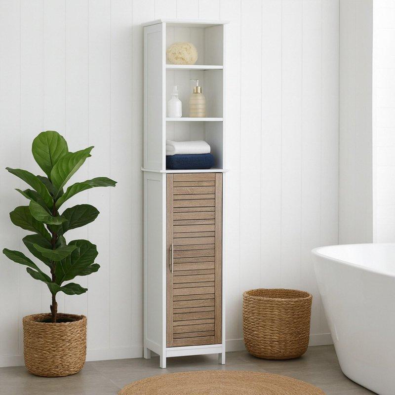 Meşe ve Beyaz MDF 3 Açık Raflı Kapaklı Çok Amaçlı Banyo Dolabı - 34x27x173 cm - 333810