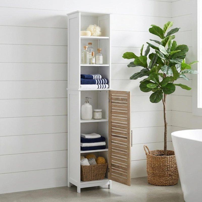 Meşe ve Beyaz MDF 3 Açık Raflı Kapaklı Çok Amaçlı Banyo Dolabı - 34x27x173 cm - 333810