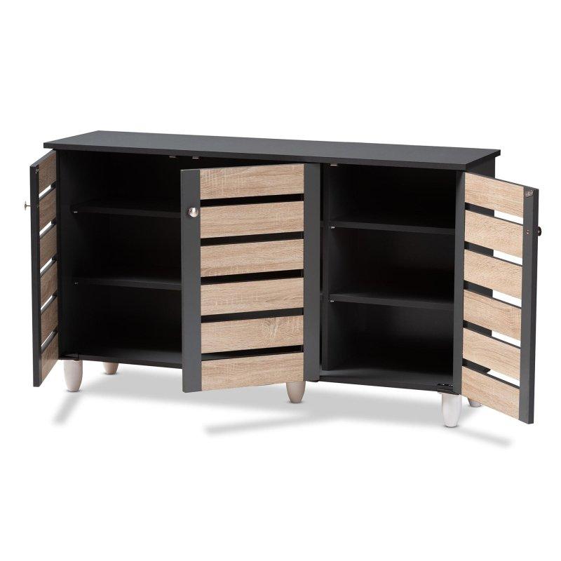 Meşe ve Koyu Gri Ahşap 3 Kapaklı Panjurlu Şifonyer - 114 cm - 301505