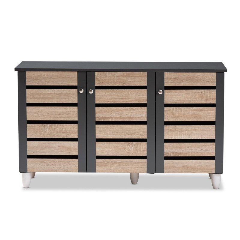 Meşe ve Koyu Gri Ahşap 3 Kapaklı Panjurlu Şifonyer - 114 cm - 301505
