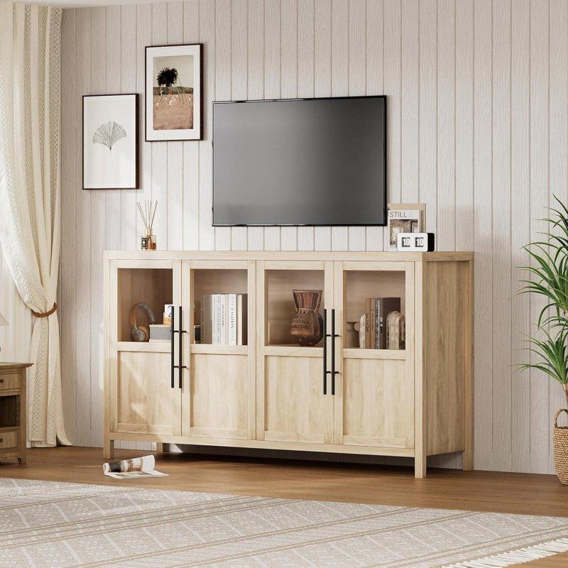 Meşe ve MDF Cam Kapaklı Modern Şifonyer - 140 cm - 303629