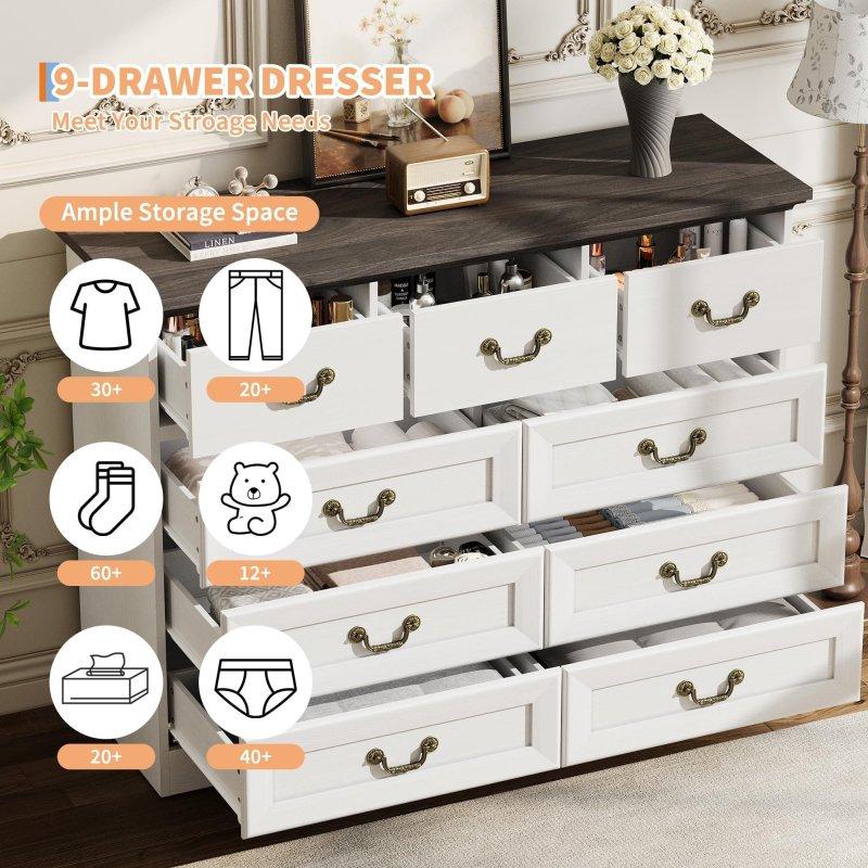 Meşe ve MDF Kır Evi Tarzı 9 Çekmeceli Metal Kulplu Şifonyer - 120 cm - 310729