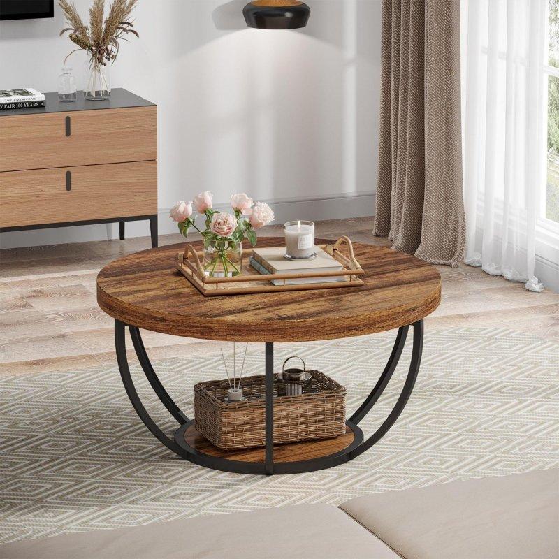Meşe ve Siyah Metal Raflı 2 Katlı Yuvarlak Orta Sehpa - 81 cm - 243532