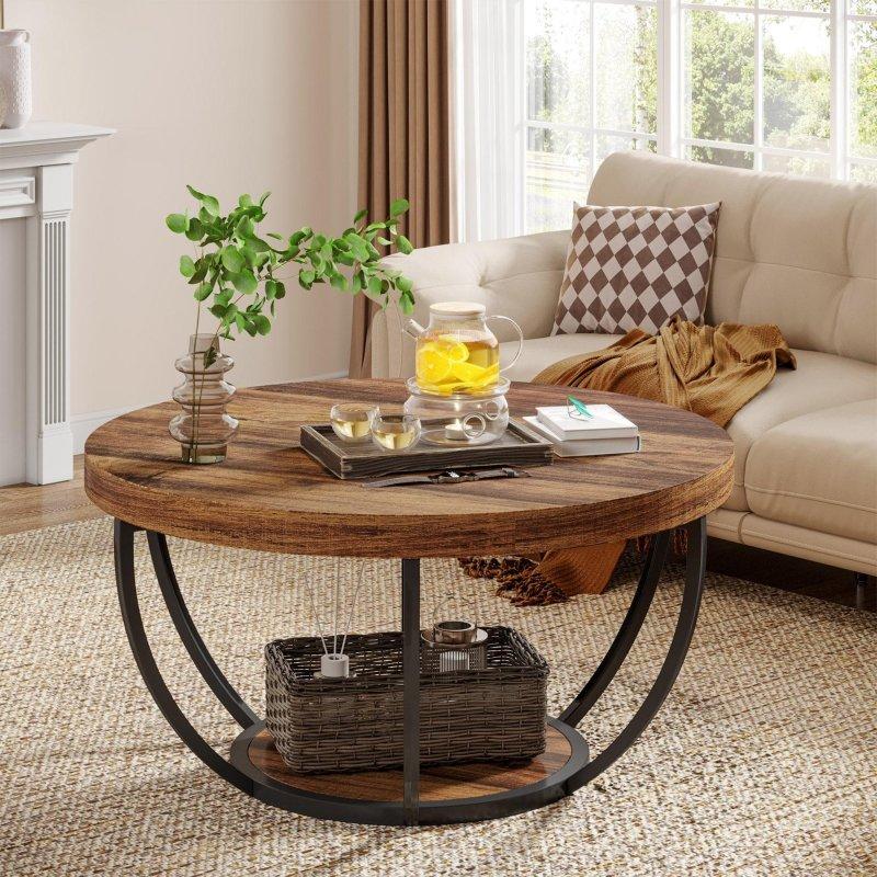Meşe ve Siyah Metal Raflı 2 Katlı Yuvarlak Orta Sehpa - 81 cm - 243532