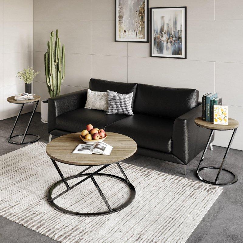 Metal Ayaklı Ahşap Tablalı 3 Parça Yuvarlak Orta Sehpa Seti - 87 cm - 240723