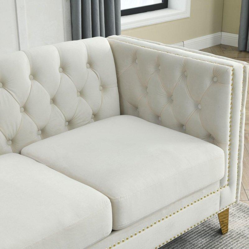 Metal Ayaklı Kadife Kumaş Chesterfield Tasarım Zımba Detaylı 3 Kişilik Bohem Koltuk - 205 cm - 288332