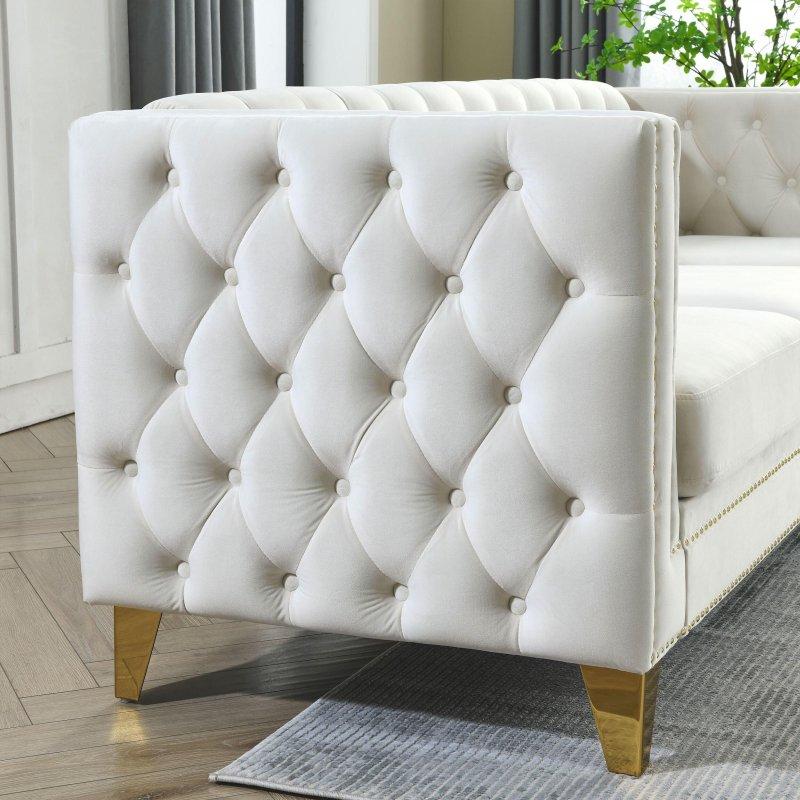 Metal Ayaklı Kadife Kumaş Chesterfield Tasarım Zımba Detaylı 3 Kişilik Bohem Koltuk - 205 cm - 288332