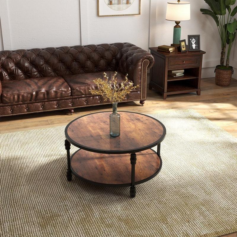 Metal Ayaklı Masif Raflı İki Katlı Yuvarlak Orta Sehpa - 87 cm - 244864