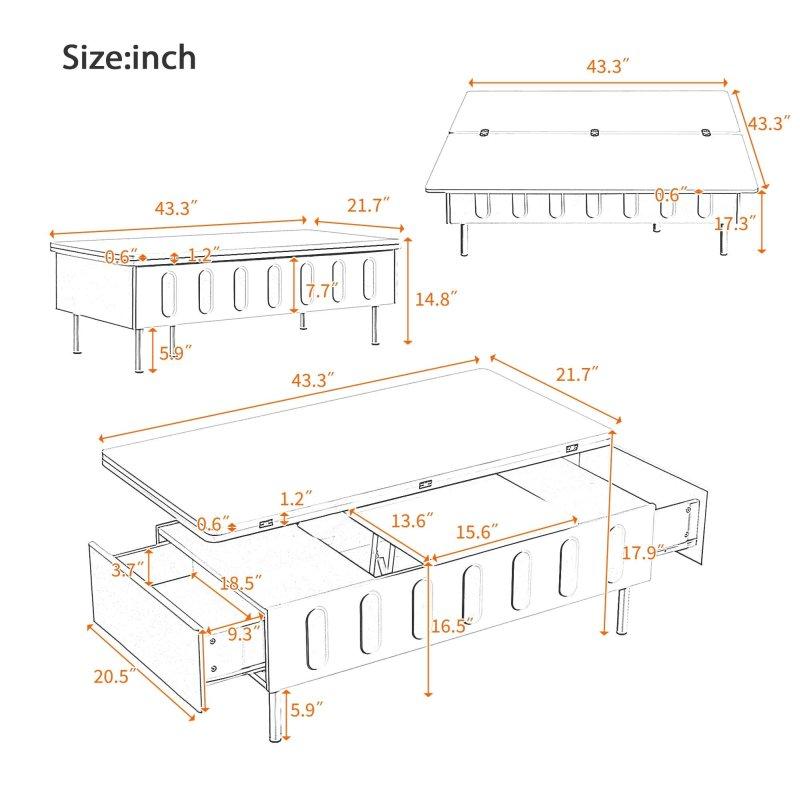 Metal Ayaklı MDF Yükseltilebilir ve Açılabilir Tablalı Çekmeceli Akıllı Sehpa - 110x56 cm - 253410