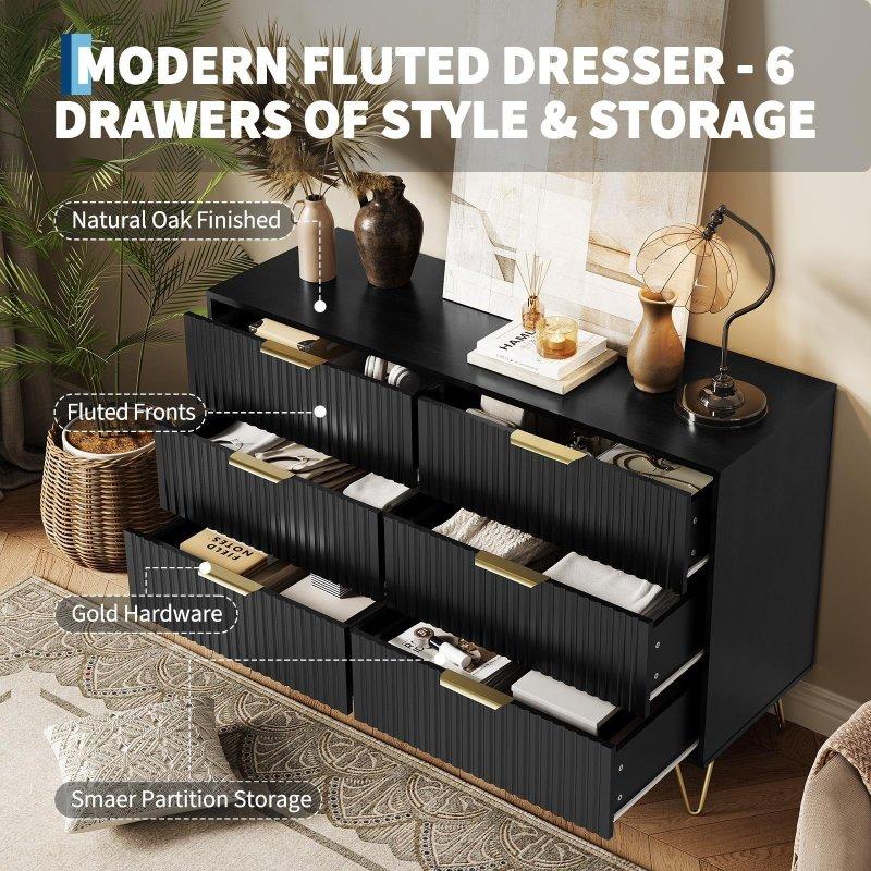 Metal Kulplu 6 Çekmeceli Yivli MDF Şifonyer - 120 cm - 308315