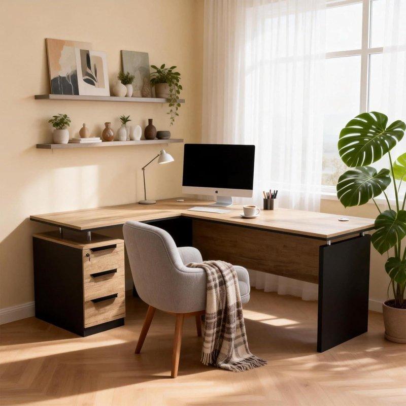 Metal L Tipi 3 Çekmeceli Entegre Prizli Ahşap Ofis Masası - 160 cm - 326772