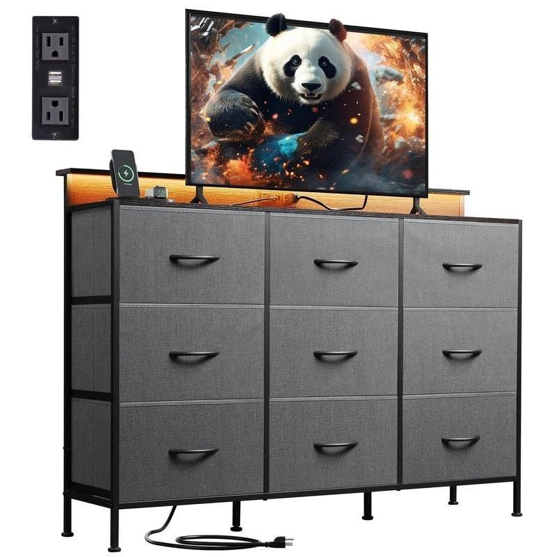 Metal ve Ahşap LED Aydınlatmalı USB Portlu 9 Kumaş Çekmeceli Şifonyer - 120 cm - 304999
