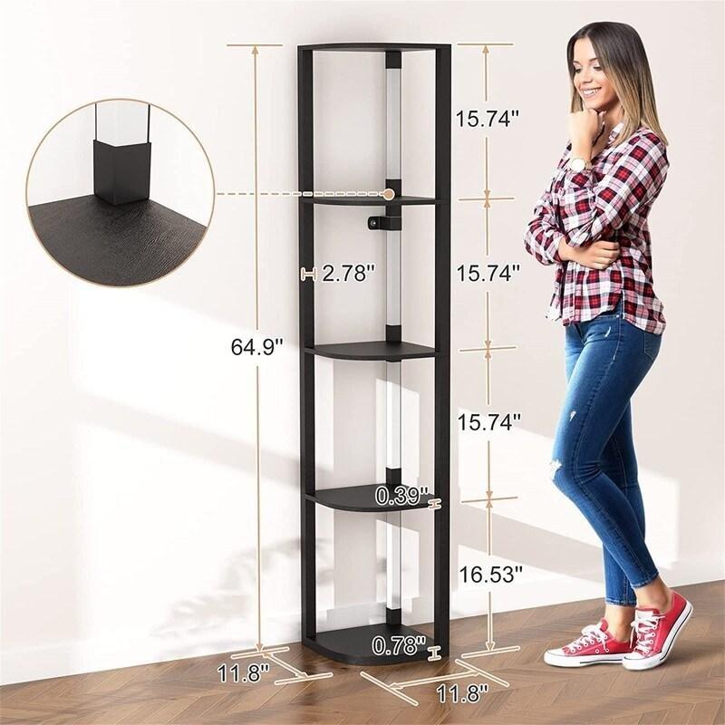 Metal ve Ahşap Uzaktan Kumandalı LED Aydınlatmalı 5 Raflı Köşe Kitaplık - 30x30x165 cm - 314366