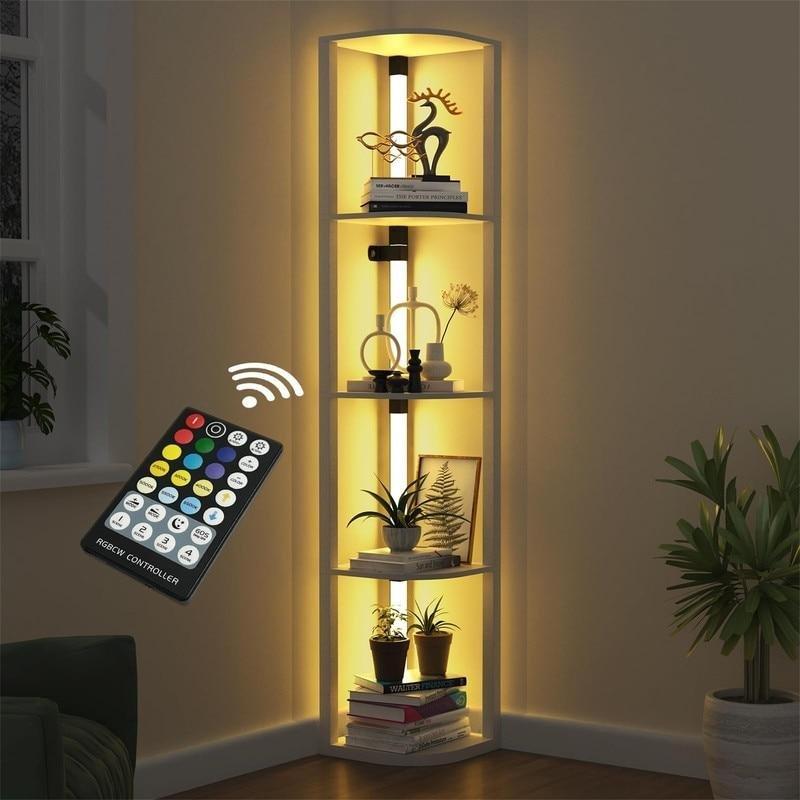 Metal ve Ahşap Uzaktan Kumandalı LED Aydınlatmalı 5 Raflı Köşe Kitaplık - 30x30x165 cm - 314366