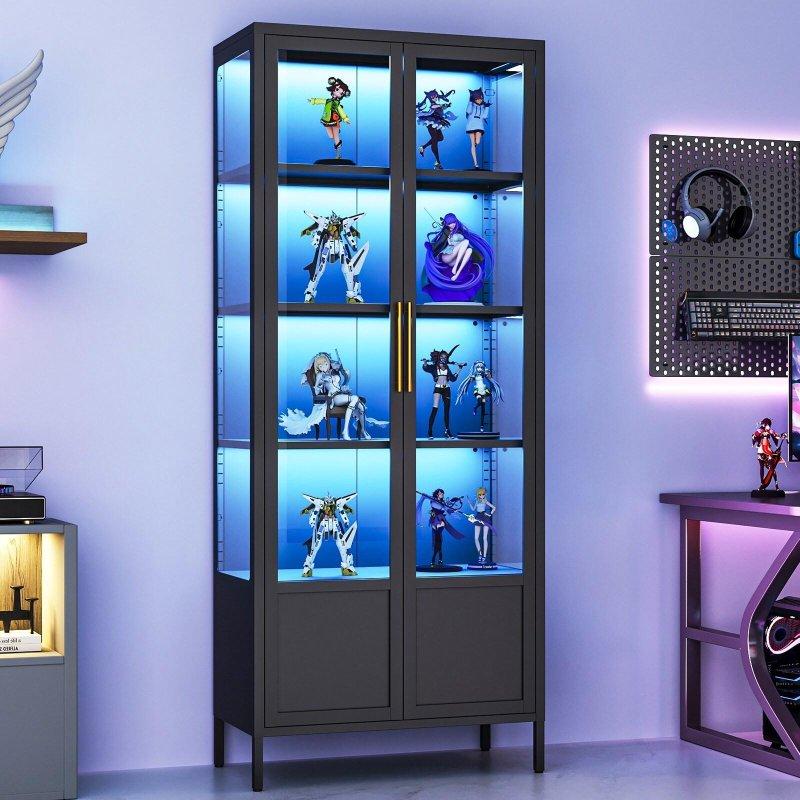 Metal ve Cam Kapaklı RGB Aydınlatmalı Ayarlanabilir Raflı Kitaplık - 171x70x36 cm - 316526