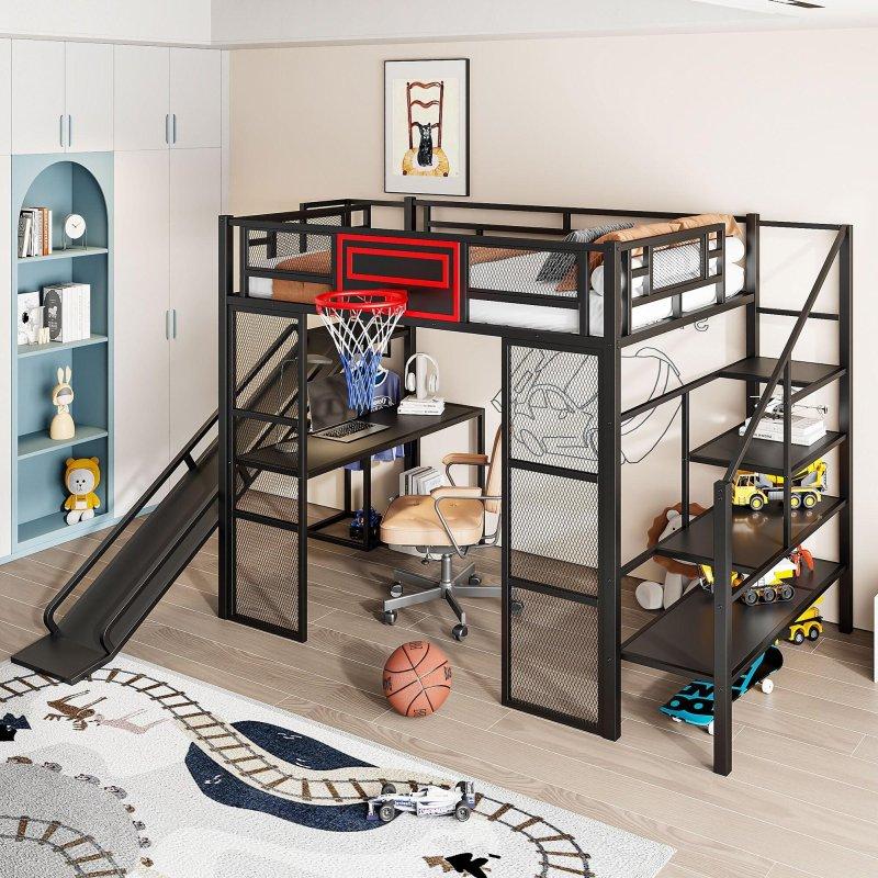Metal ve MDF Kaydıraklı Basketbol Potalı Çalışma Masalı Ranza - 279x144 cm - 250130