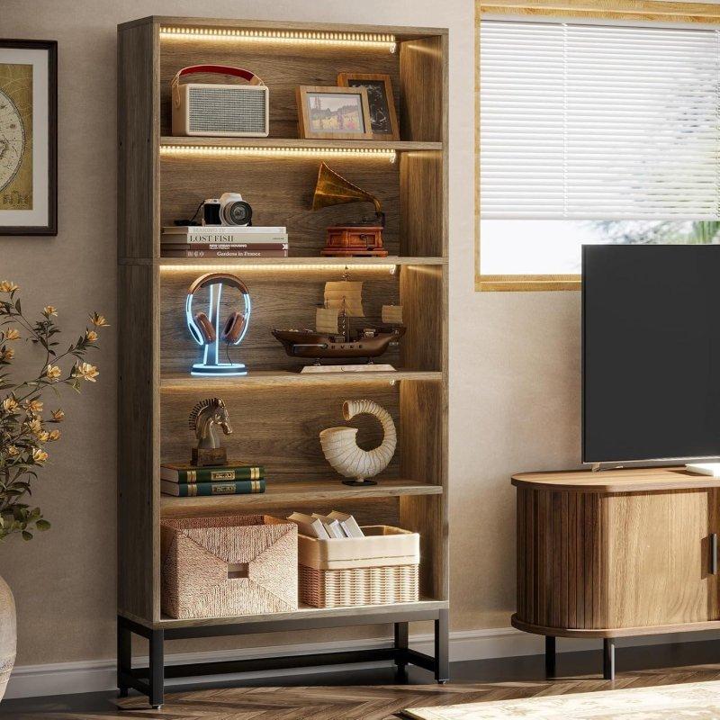 Metal ve MDF LED Işıklı 5 Raflı Kapalı Sırtlı Kitaplık - 81x30x181 cm - 320304
