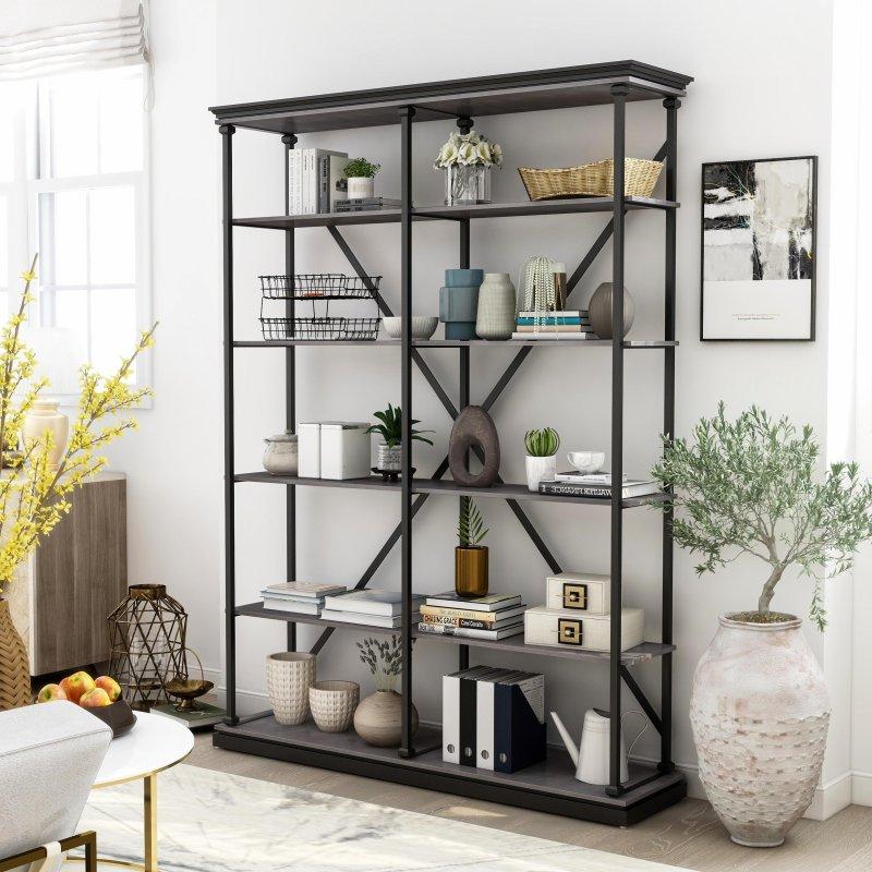 Metal ve Meşe Kaplama İki Renkli 5 Raflı Kitaplık - 148 cm - 318356