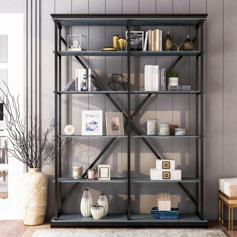 Metal ve Meşe Kaplama İki Renkli 5 Raflı Kitaplık - 148 cm - 318356