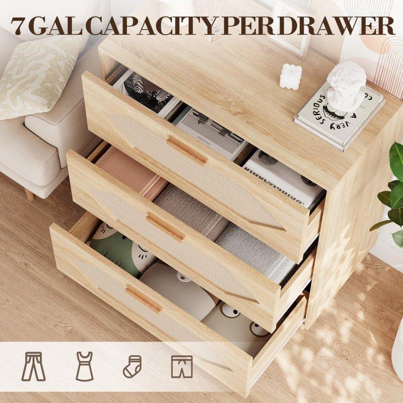 Natural Ahşap Hasır Dokuma 3 Çekmeceli Şifonyer - 93 cm - 303031
