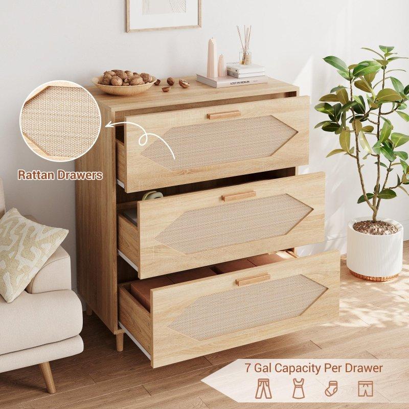 Natural Ahşap Hasır Dokuma 3 Çekmeceli Şifonyer - 93 cm - 303031