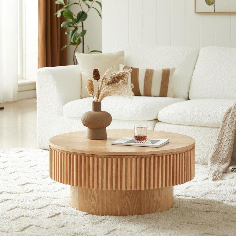 Natural Ahşap Yivli Kaldırılabilir Tablalı Yuvarlak Orta Sehpa - 81x36 cm - 245100