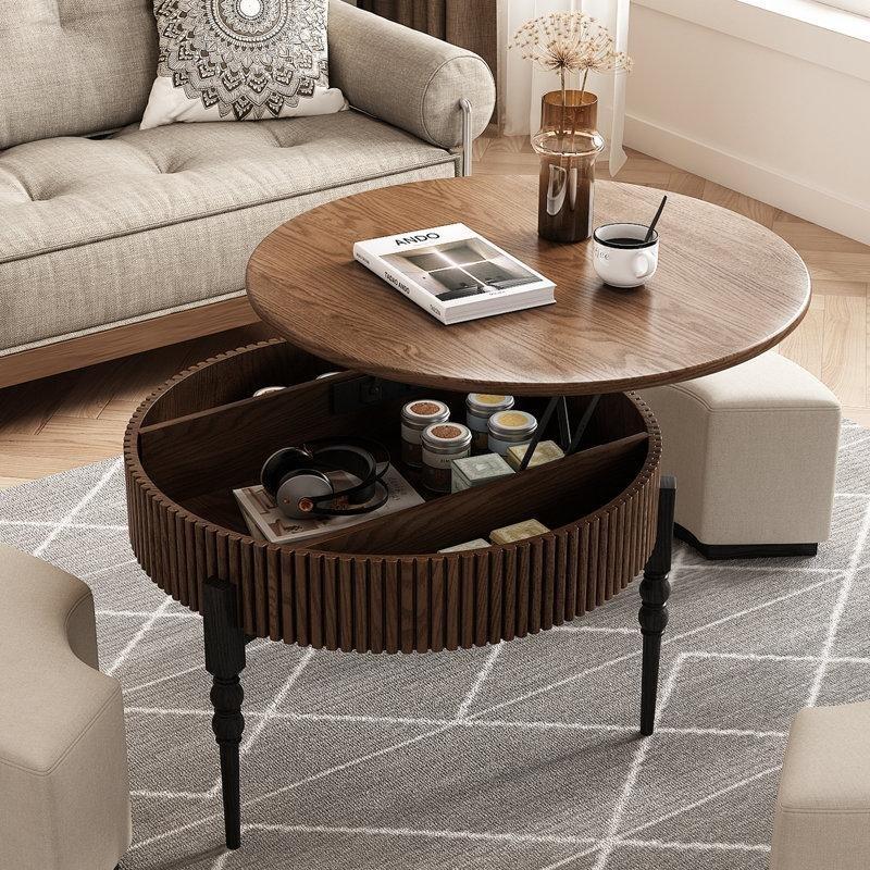Natural Ahşap Yükseltilebilir Masif Ayaklı 3 Tabureli Raflı Yuvarlak Orta Sehpa - 81 cm - 243909