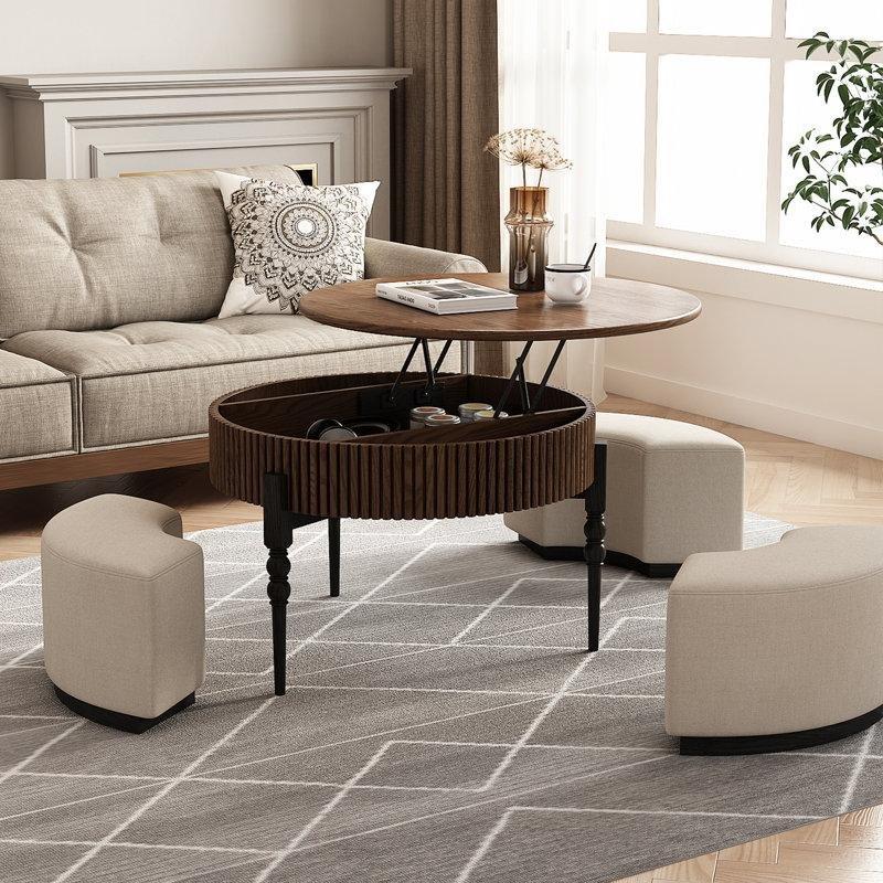 Natural Ahşap Yükseltilebilir Masif Ayaklı 3 Tabureli Raflı Yuvarlak Orta Sehpa - 81 cm - 243909