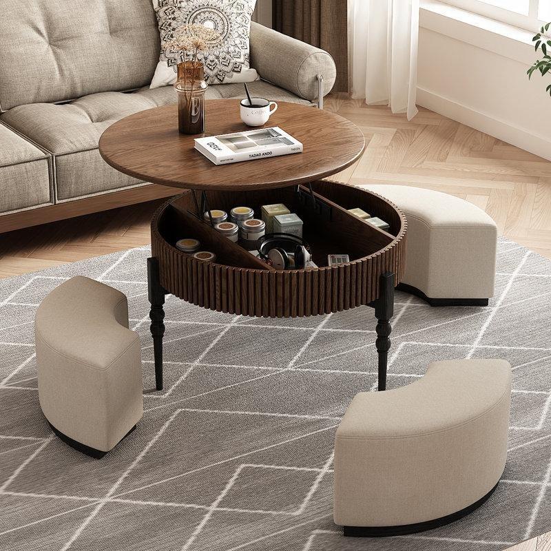 Natural Ahşap Yükseltilebilir Masif Ayaklı 3 Tabureli Raflı Yuvarlak Orta Sehpa - 81 cm - 243909