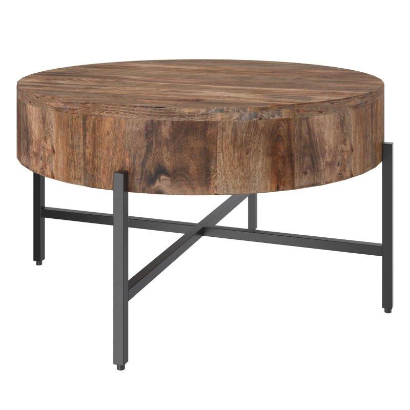 Natural Masif Mango Ahşap ve Demir Çapraz Ayaklı El Yapımı Yuvarlak Orta Sehpa - 84x46 cm - 243371