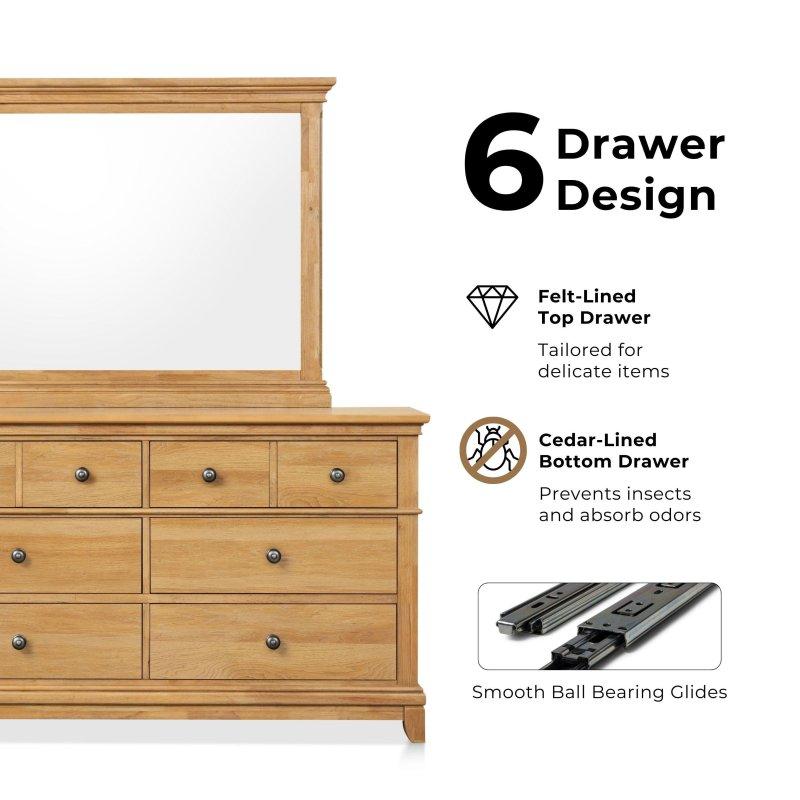 Natural Meşe Masif Ahşap Aynalı 6 Çekmeceli Kır Evi Şifonyer - 158 cm - 297253