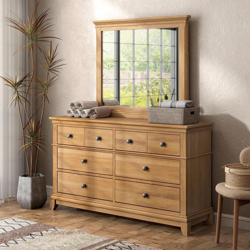 Natural Meşe Masif Ahşap Aynalı 6 Çekmeceli Kır Evi Şifonyer - 158 cm - 297253