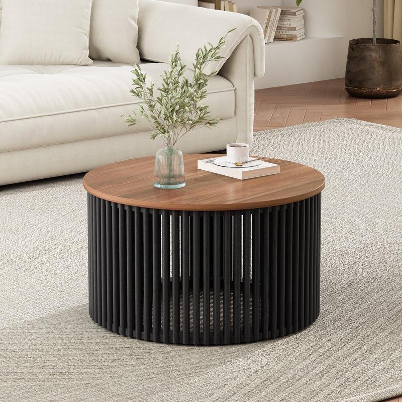 Natural ve Siyah Masif Akasya Çıtalı Tabanlı Yuvarlak Orta Sehpa - 77 cm - 243987