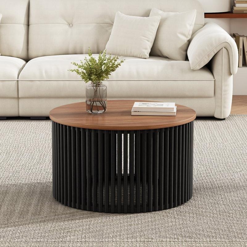Natural ve Siyah Masif Akasya Çıtalı Tabanlı Yuvarlak Orta Sehpa - 77 cm - 243987