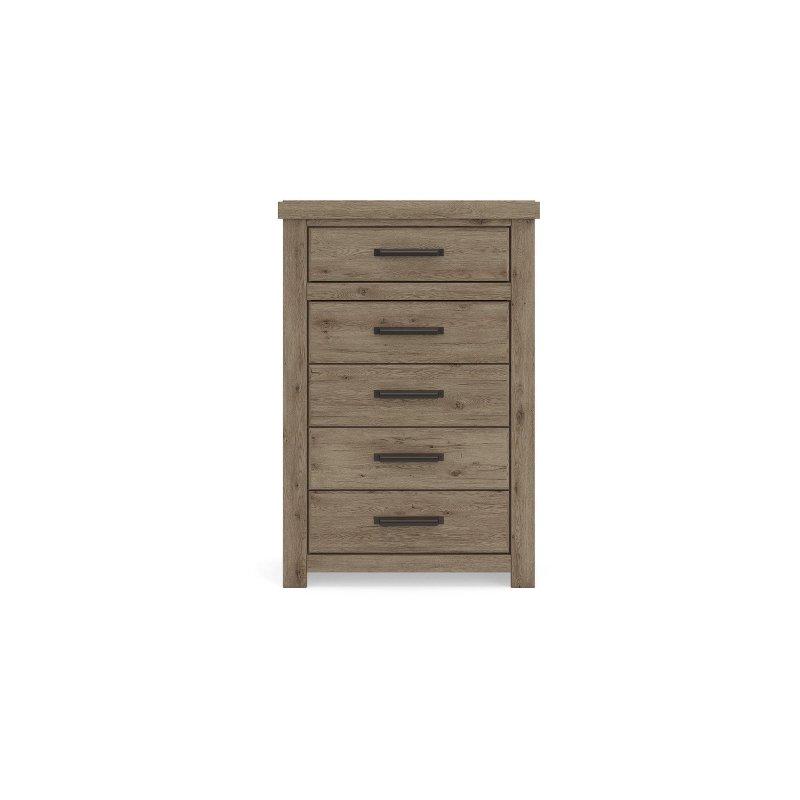 Natürel Ahşap Dokulu 5 Çekmeceli Koyu Bronz Kulplu MDF Şifonyer - 89x131x41 cm - 301242