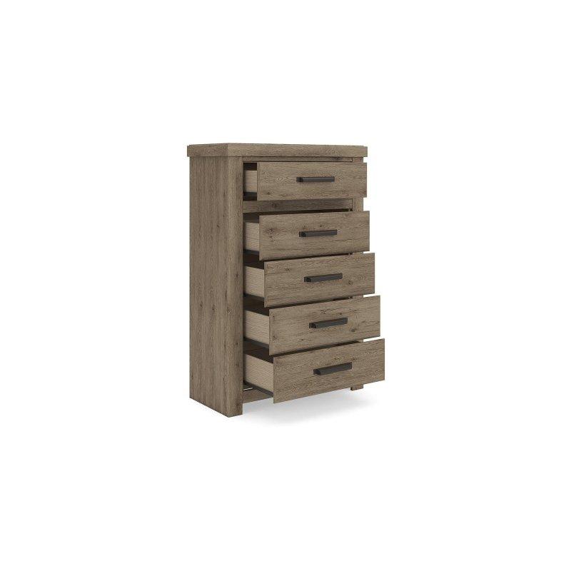 Natürel Ahşap Dokulu 5 Çekmeceli Koyu Bronz Kulplu MDF Şifonyer - 89x131x41 cm - 301242