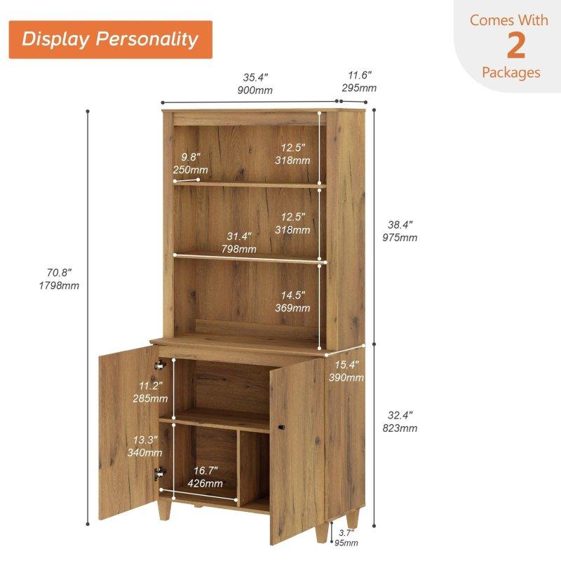 Natürel Ahşap Kapaklı ve Ayarlanabilir Raflı Kitaplık - 181 cm - 317504