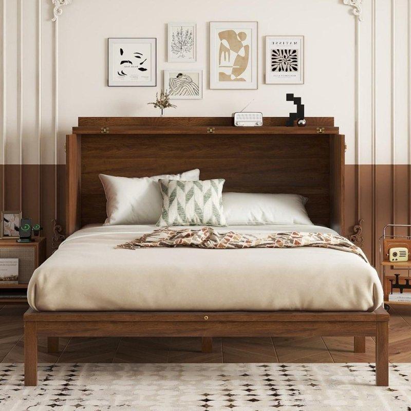 Naturel Ahşap Rattan Panelli Şarj Üniteli Çekmeceli Dolaplı Duvar Yatağı - 265398