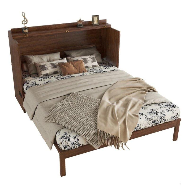 Naturel Ahşap Rattan Panelli Şarj Üniteli Çekmeceli Dolaplı Duvar Yatağı - 265398