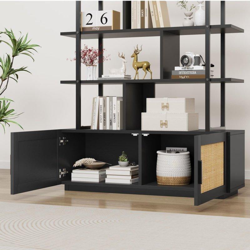 Natürel Ahşap ve Siyah Metal Kapaklı 5 Raflı Rattan Kitaplık - 110x30x181 cm - 316149